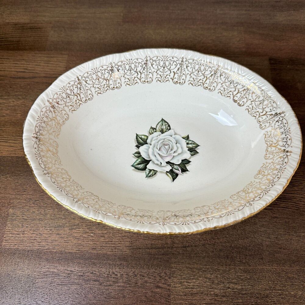 Vtg 1950s Homer Laughlin China Serving Dish Rose Gold Filigree Retro Cottage USA